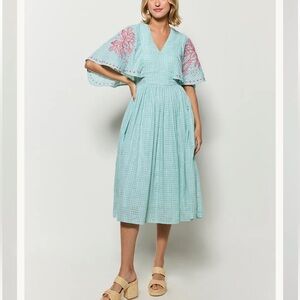 Fanm Mon Tunus Dress Midi Floral Embroidered Green Checker Plaid Small NWT NEW